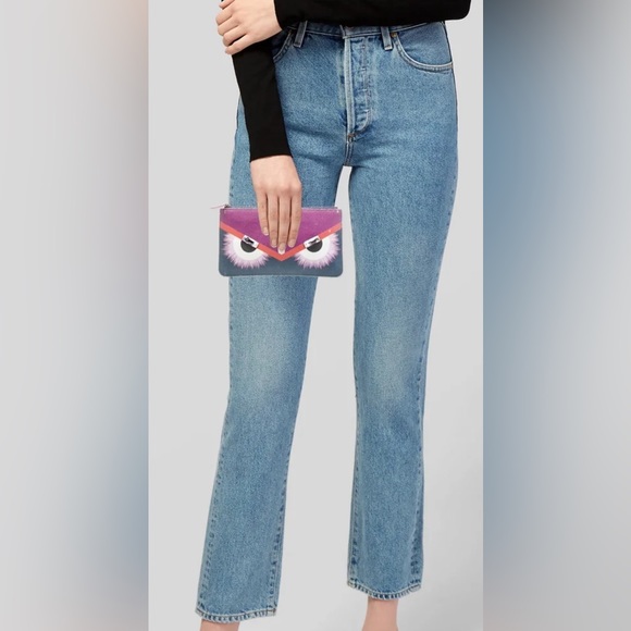 FENDI Vitello Elite Crystal Eye Monster Zip Pouch Cobalt Multicolor - Picture 4 of 12